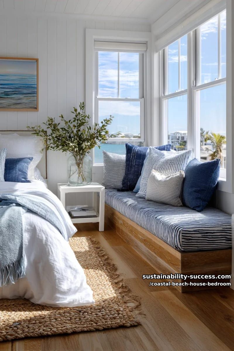 built-in window bench with nautical striped cushions 1