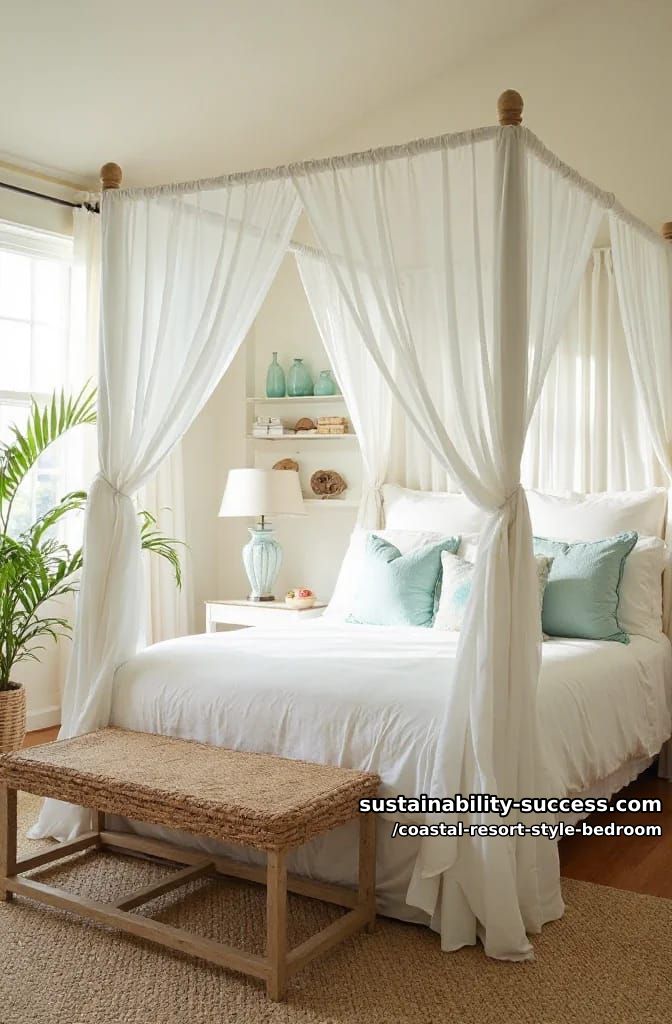 canopy bed draped in airy white muslin, surrounded by potted palms. 1