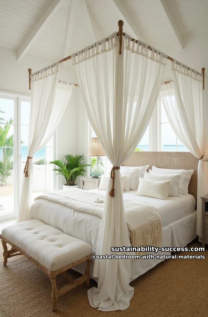 canopy bed draped with sheer linen and raffia rope tiebacks 1