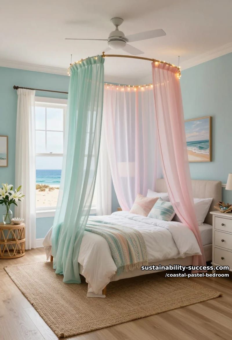 canopy bed draped with sheer pastel curtains and fairy lights 1