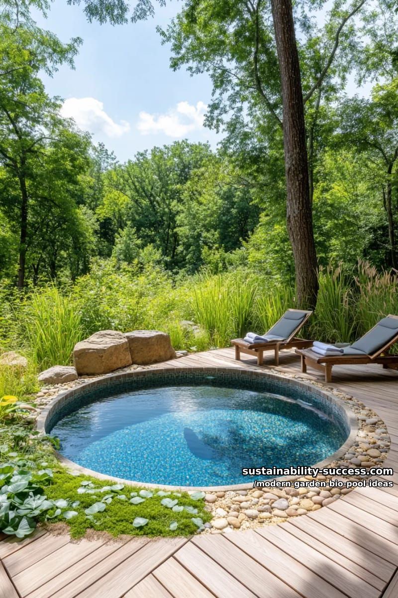 circular bio plunge pool with pebble beach entry and ferns 1
