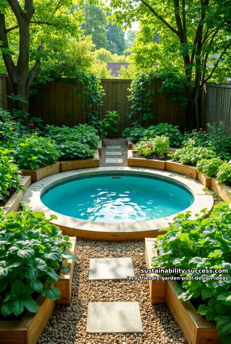 circular plunge pool bordered by edible herb and veggie beds 1