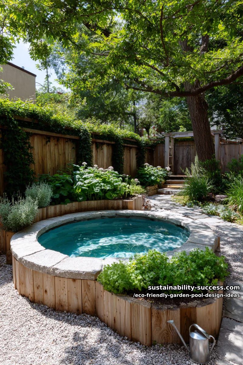 circular plunge pool bordered by edible herb and veggie beds 1