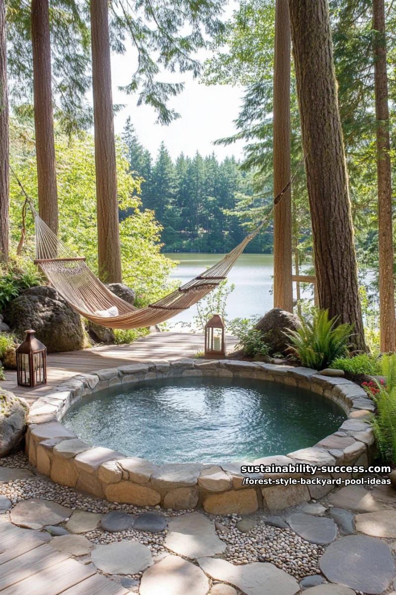 circular soaking pool with pebble beach, lanterns, and hammock grove 1