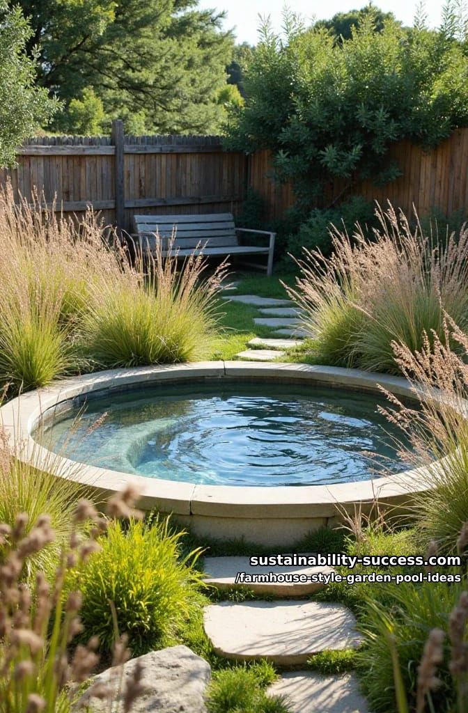 circular spa pool nestled among wild grasses and wooden fencing 1