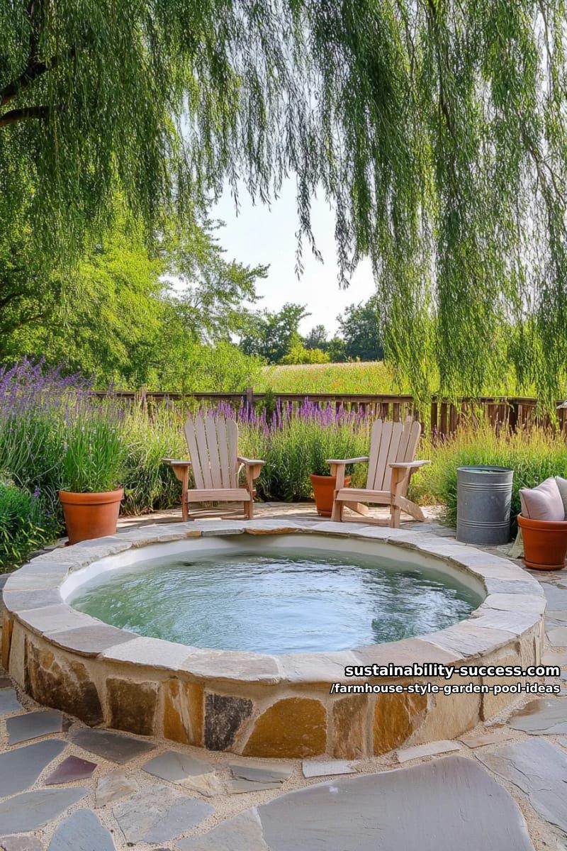 circular spa pool nestled among wild grasses and wooden fencing 1