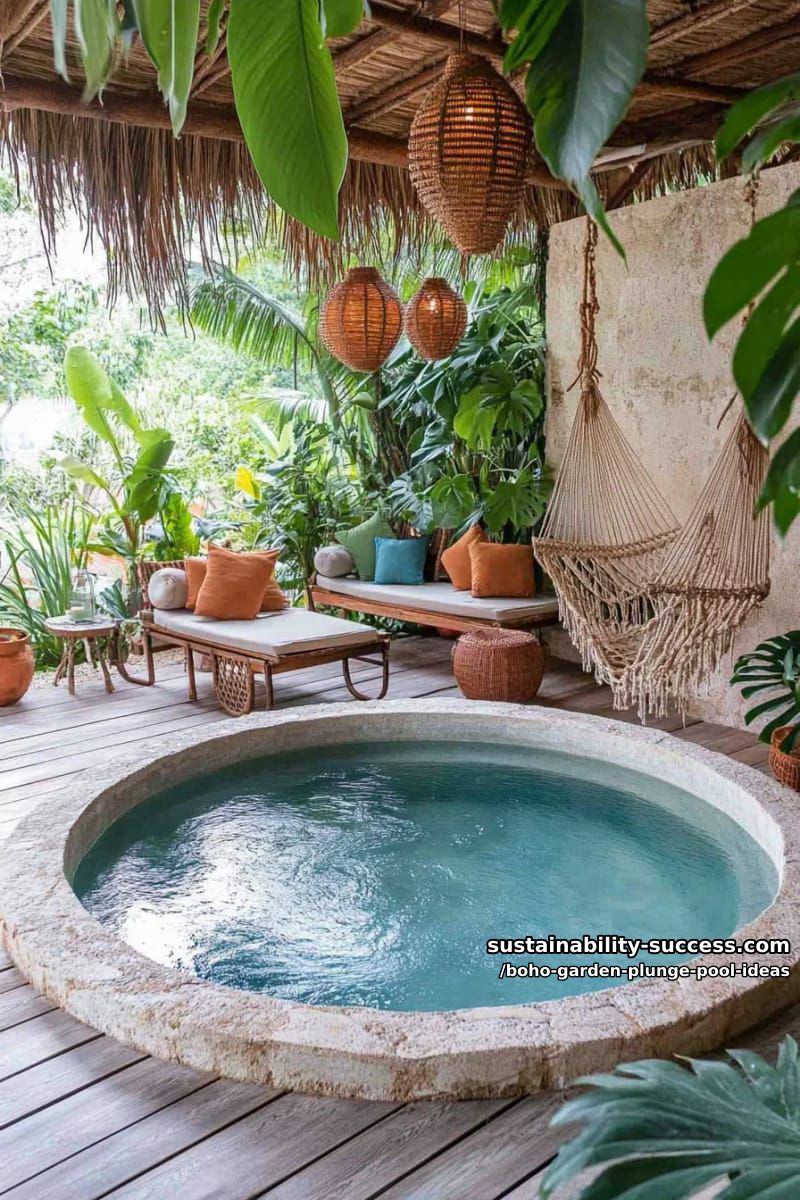 circular stone plunge pool surrounded by lush tropical foliage and lanterns 1