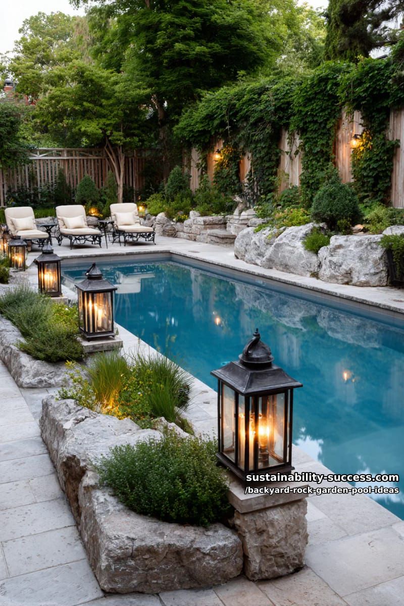 classic rectangular pool with raised rock planters and vintage lantern lighting 1