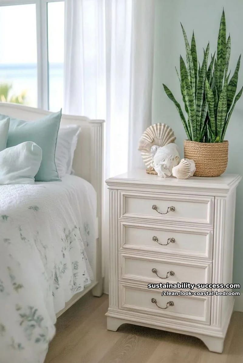 15 Clean Coastal Bedroom Ideas for a Serene Retreat 13 clean white dresser, shell accents, pale aqua pillow covers, potted snake plant 1