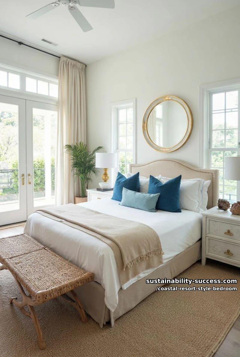 coastal luxe: gold-accented mirrors, blue velvet pillows, and marble nightstands. 1