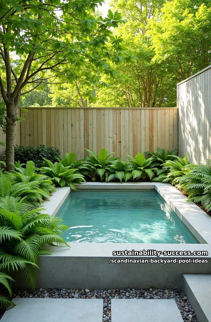 compact plunge pool bordered by concrete, set with lush green ferns 1