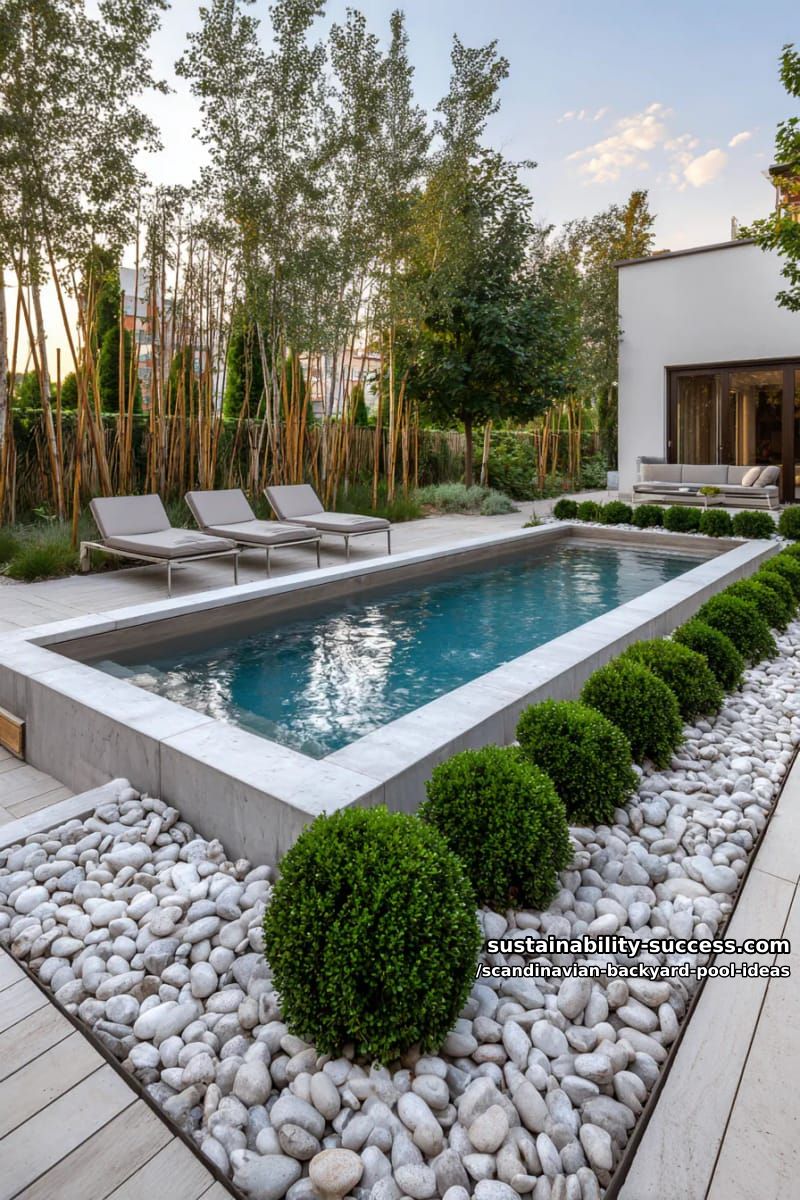 concrete pool with surrounding white pebbles and tidy boxwood hedges 1