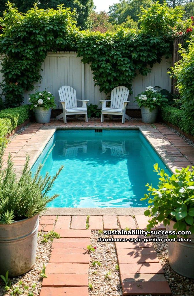 cottage-style pool with brick pathway and galvanized planters for herbs 1