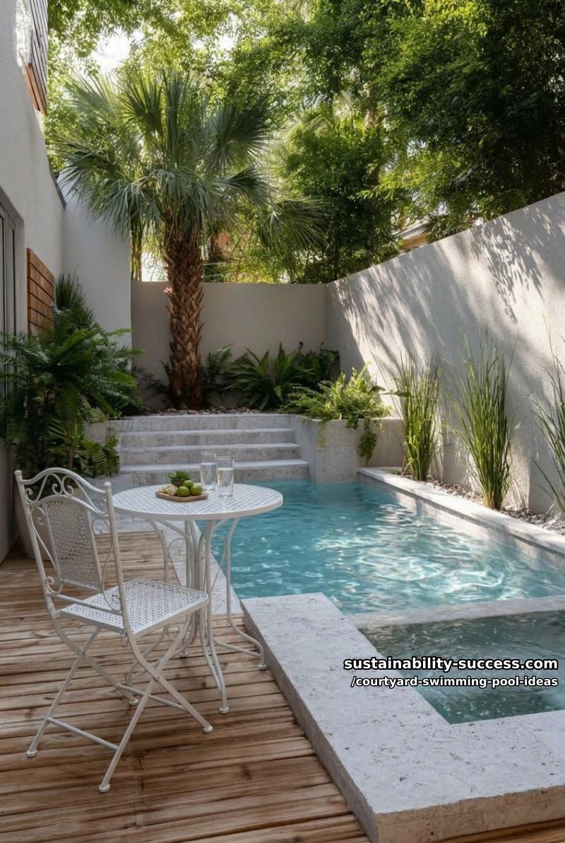 courtyard pool with an integrated elevated spa, wooden deck, and bistro dining nook 1