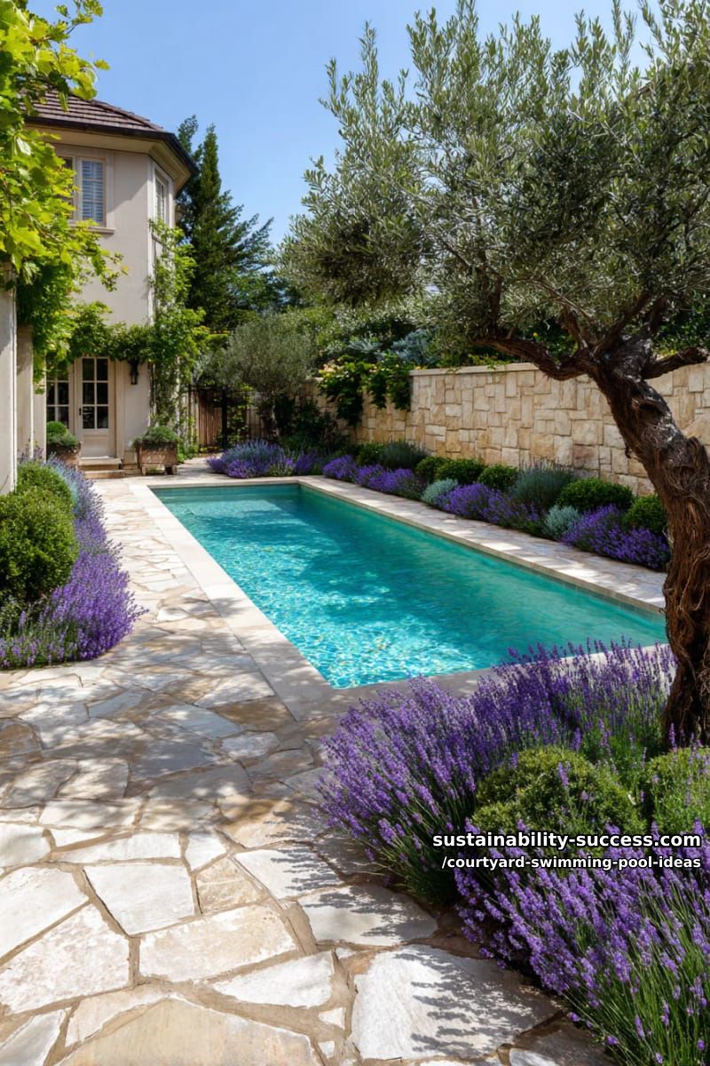 courtyard swimming pool with stone pavers, lavender borders and olive tree 1