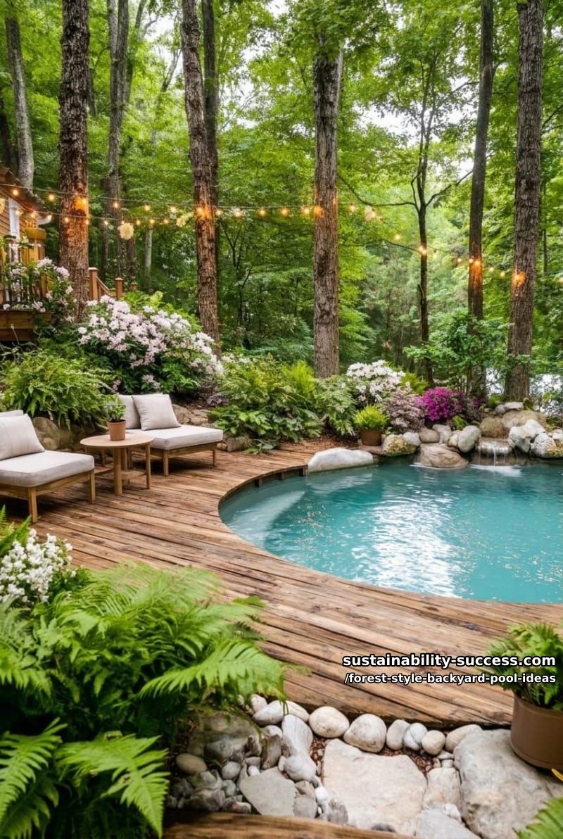 cozy round pool encircled by flowering shrubs, fairy lights, and rustic decking 1