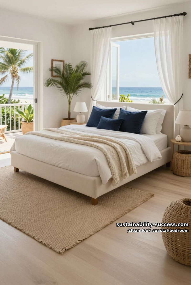 15 Clean Coastal Bedroom Ideas for a Serene Retreat 11 creamy upholstered bed, navy accent pillows, chunky knit throw, sun-washed palette 1