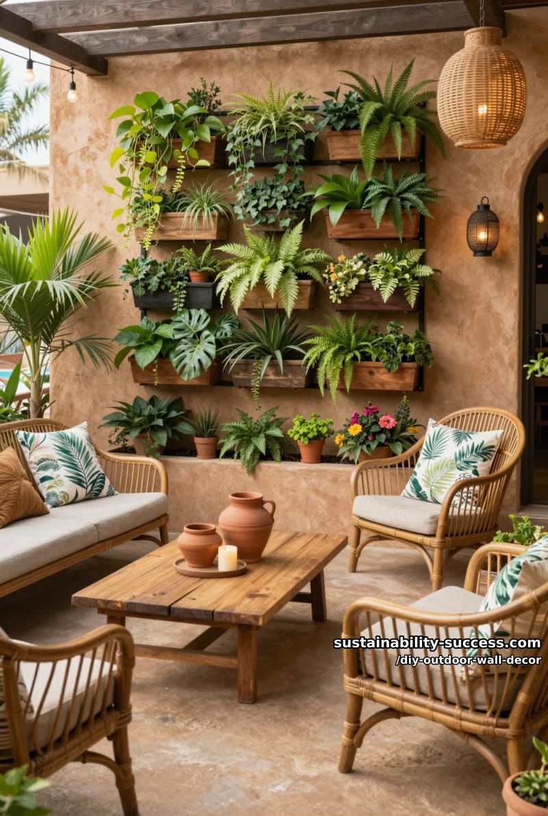 create a living wall with layered vertical planters and trailing greenery. 1