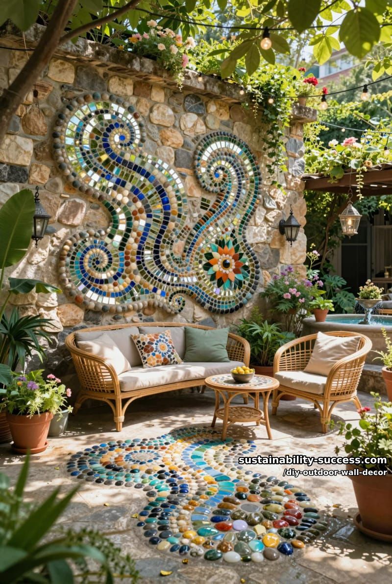 create mosaic art using small mirrors and pebbles for a magical garden reflection. 1