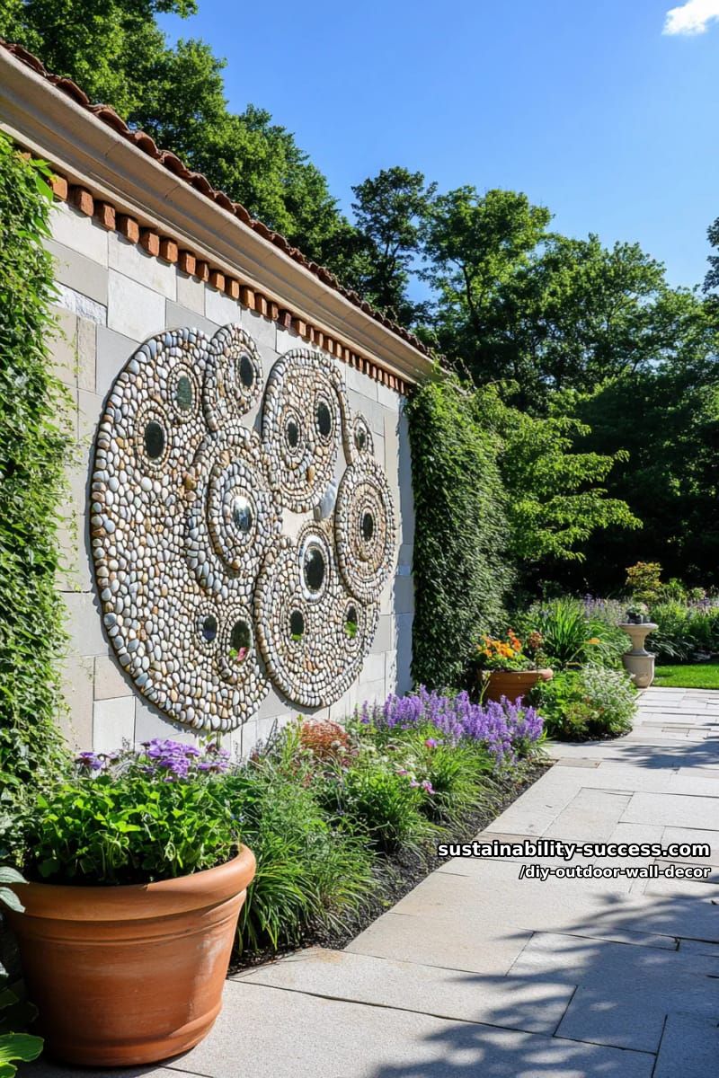 create mosaic art using small mirrors and pebbles for a magical garden reflection. 1