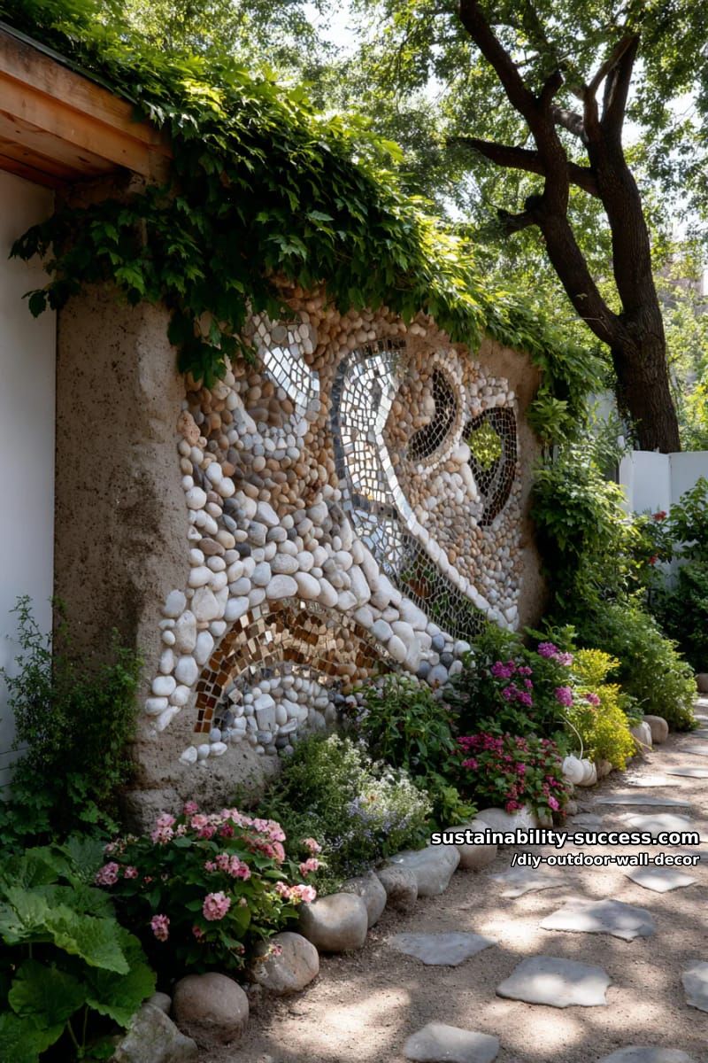 create mosaic art using small mirrors and pebbles for a magical garden reflection. 1