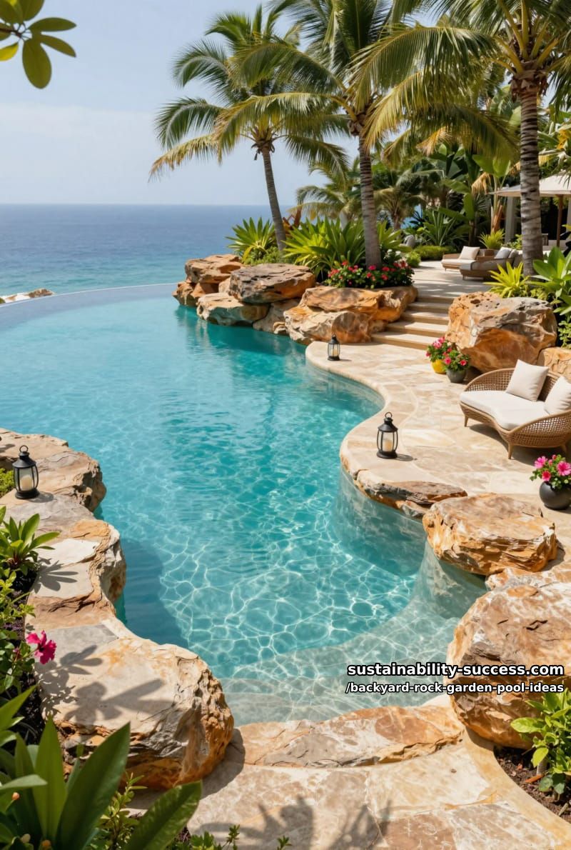 curved infinity pool with layered rock borders and tropical palm clusters 1