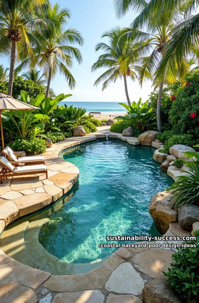 curved lagoon-style pool with natural stone borders and tropical planting 1