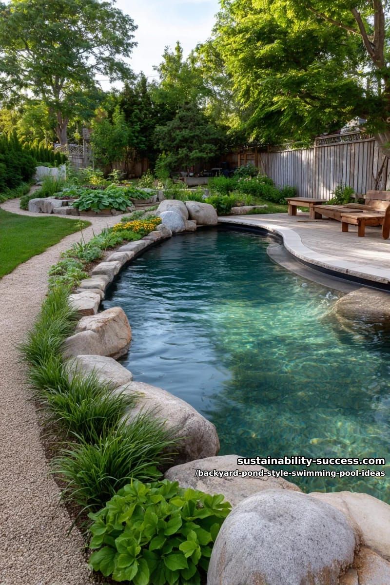 curved pond-style swimming pool adjacent to a vegetable or edible flower garden 1