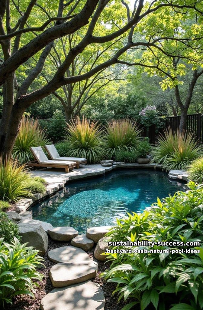 curved pool bordered by river rocks and tall grass for a secret forest effect 1