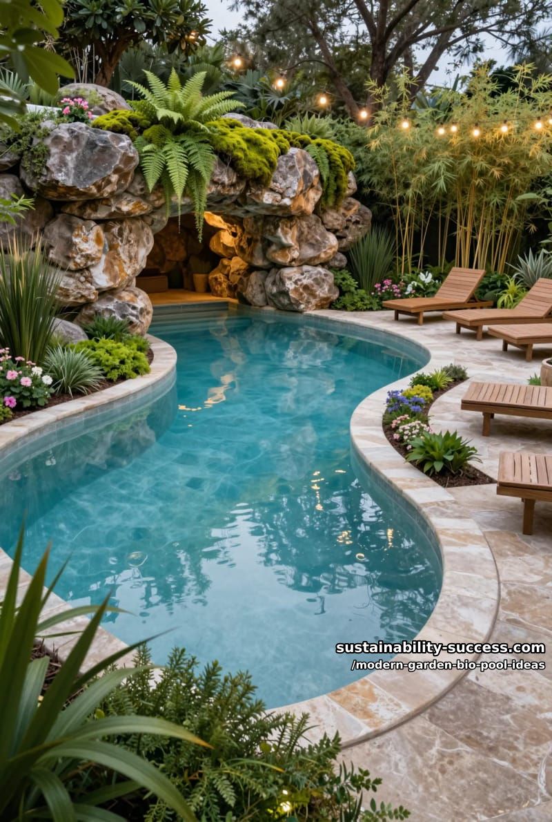 curved pool with a hidden stone cave and mossy walls 1