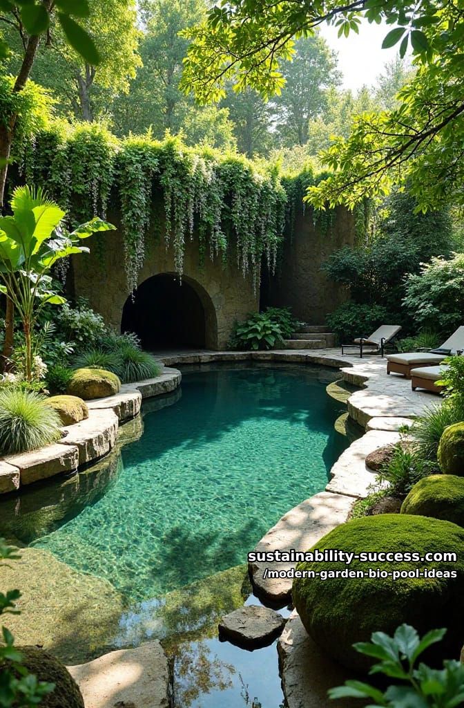 curved pool with a hidden stone cave and mossy walls 1