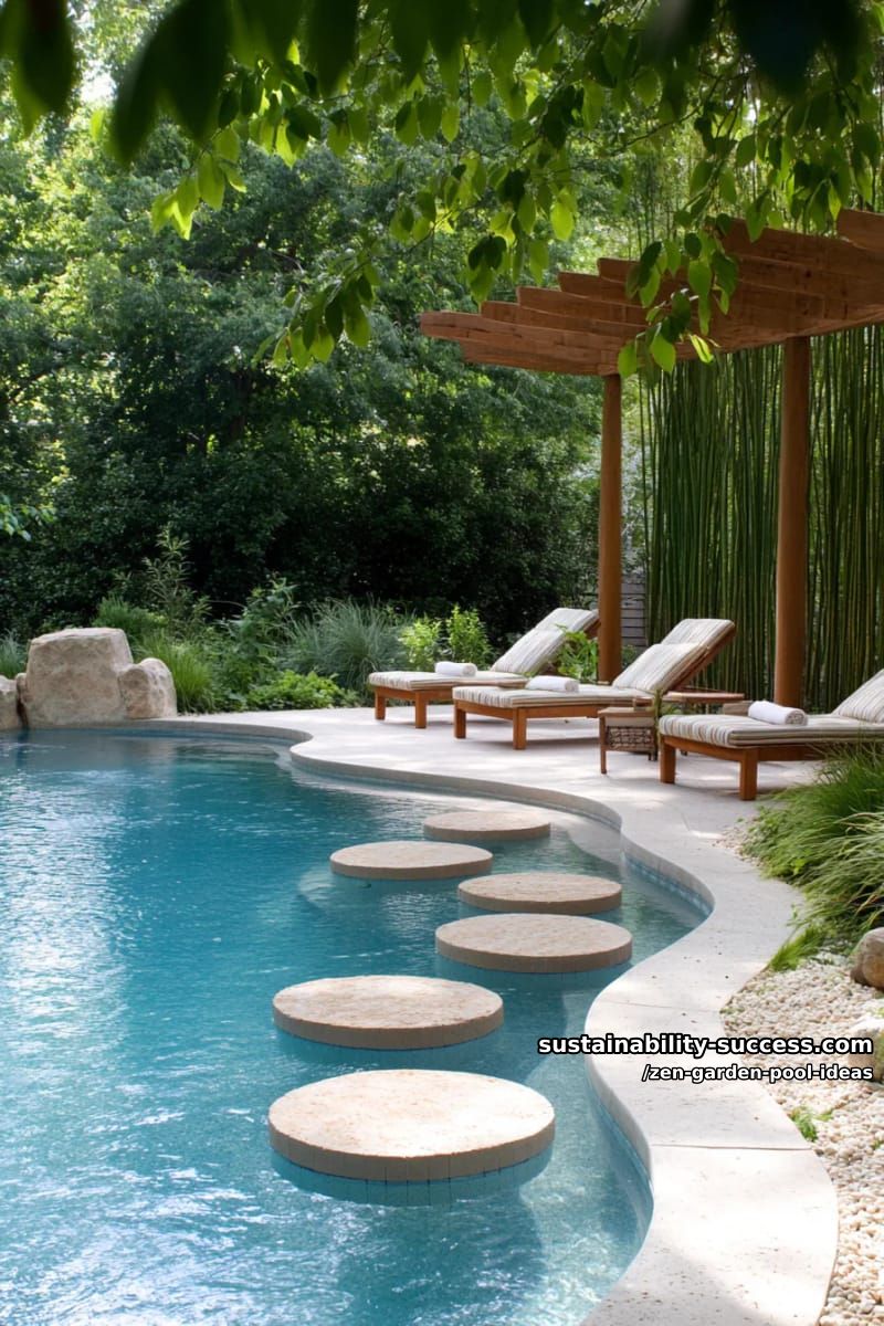 curved pool with floating stepping stones and overhanging bamboo canopy 1