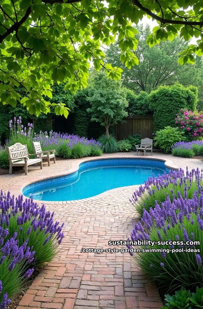 curved swimming pool wrapped with brick paths and lavender borders 1
