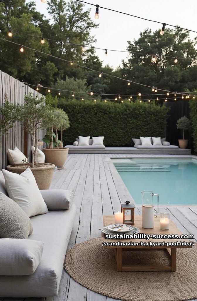decked above-ground pool with scandinavian string lights and oversized linen cushions 1
