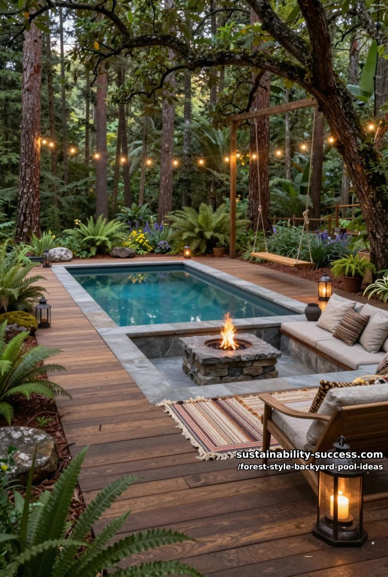 decked pool with sunken fire pit and wooden swings between tall trunks 1