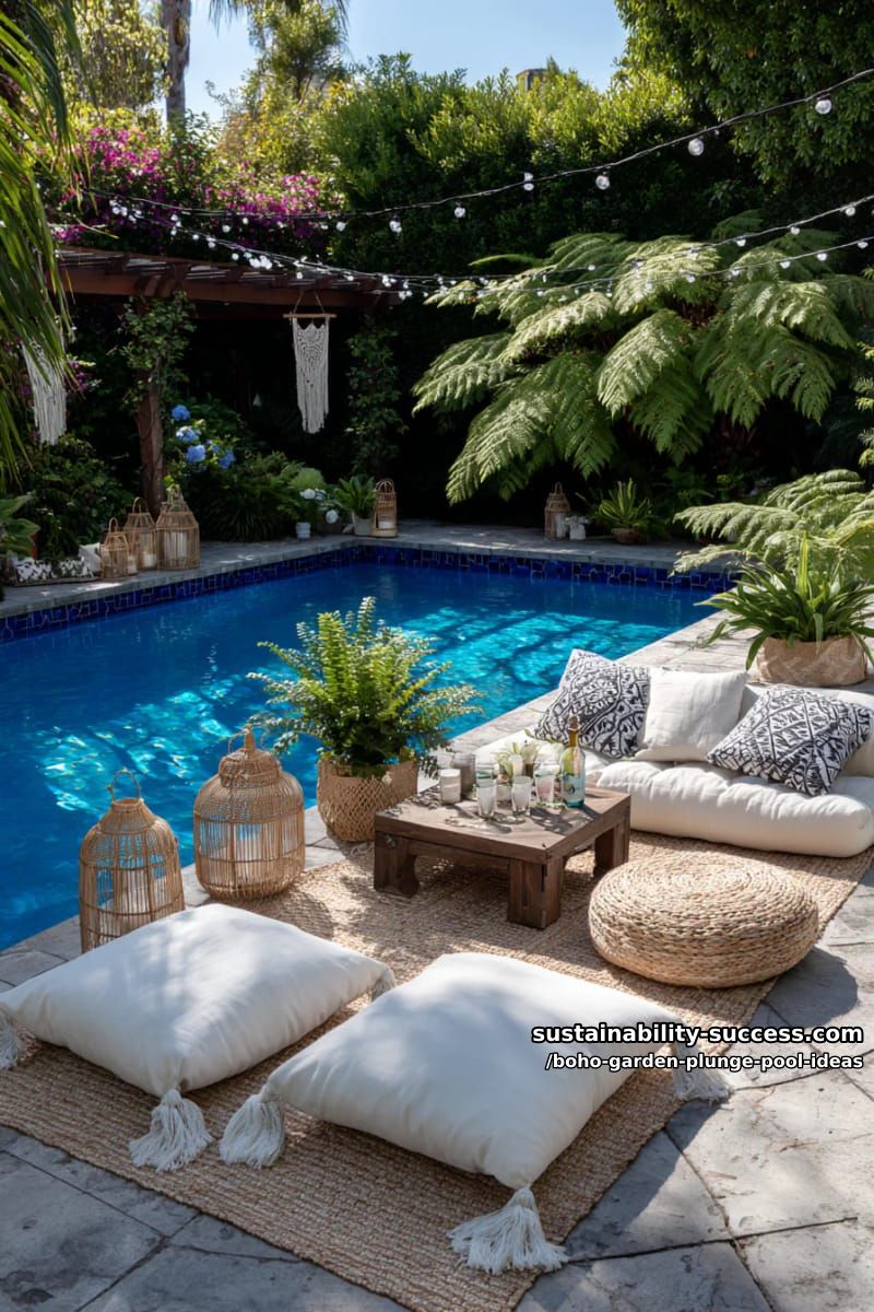 deep-blue tiled plunge pool with oversized boho cushions and floor poufs 1