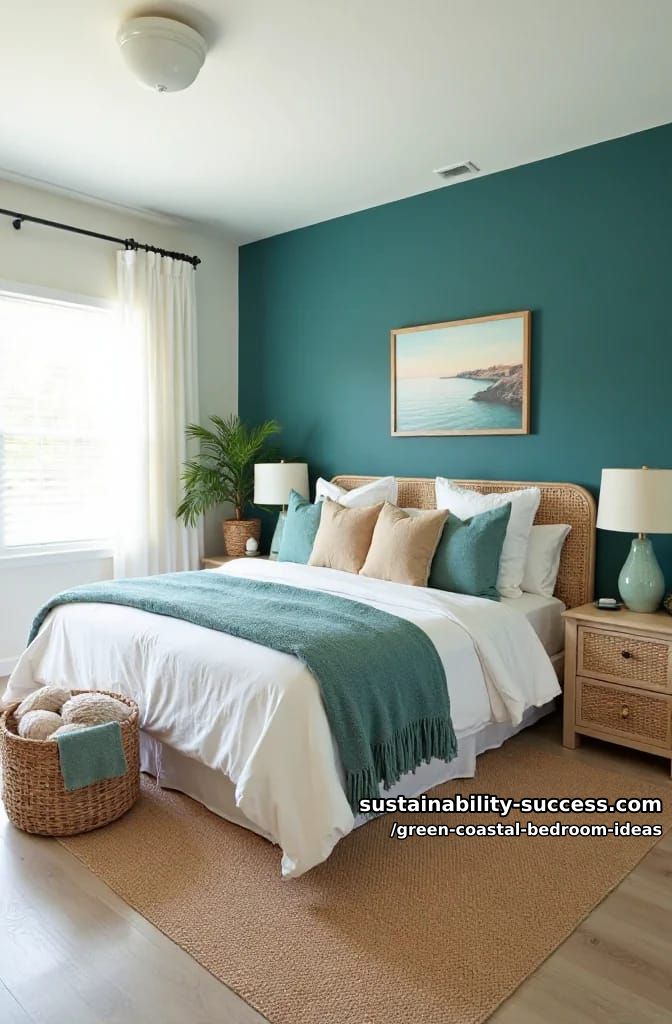 deep teal coastal feature wall paired with sandy woven textures 1