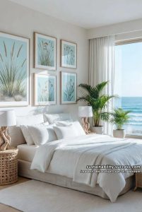 display large-scale coastal botanical prints in simple blonde wood frames. 17