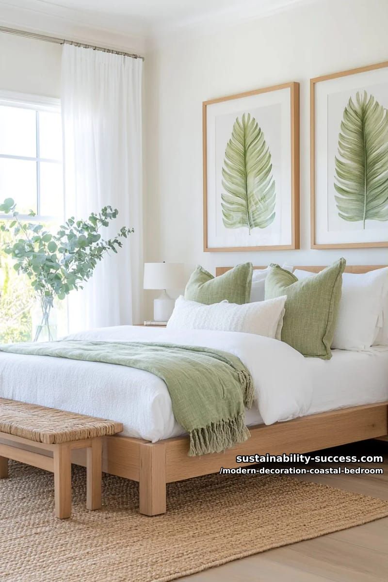 display large-scale coastal botanical prints in simple blonde wood frames. 1