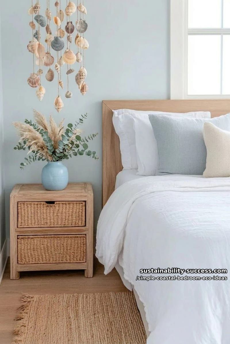 15 Coastal Decor for a Simple Eco-Friendly Bedroom 8 diy shell mobile using found shells and twine above bedside table 1