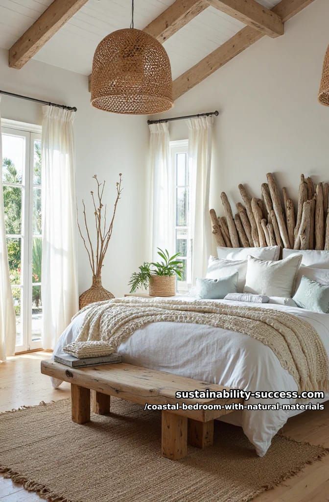 driftwood headboard paired with woven seagrass pendant lighting 1