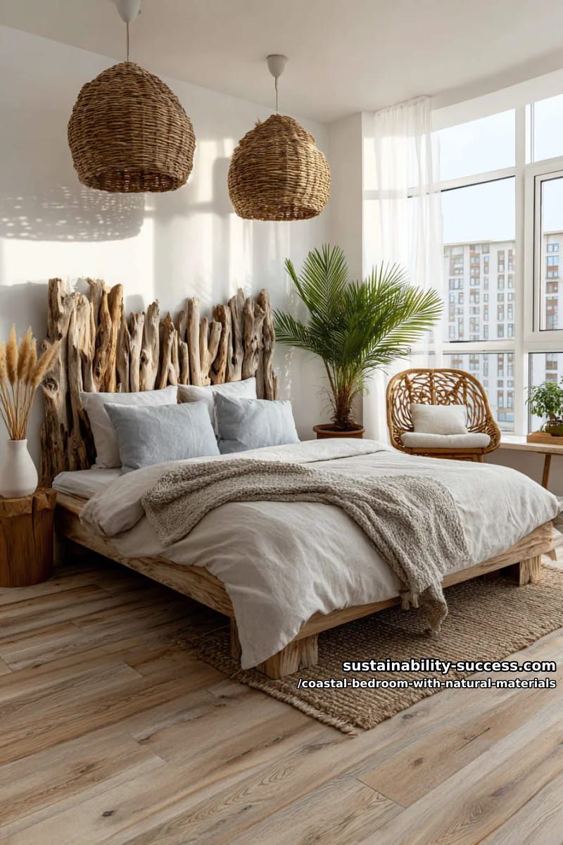 driftwood headboard paired with woven seagrass pendant lighting 1