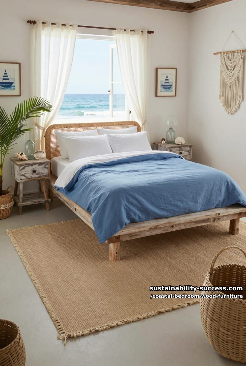 driftwood platform bed with woven rattan headboard and soft blue linens 1