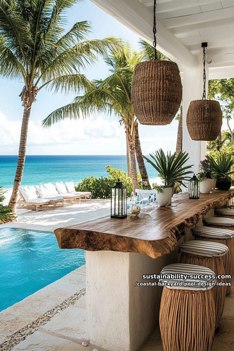 driftwood poolside bar with woven pendant lights and sandy pebble landscaping 1