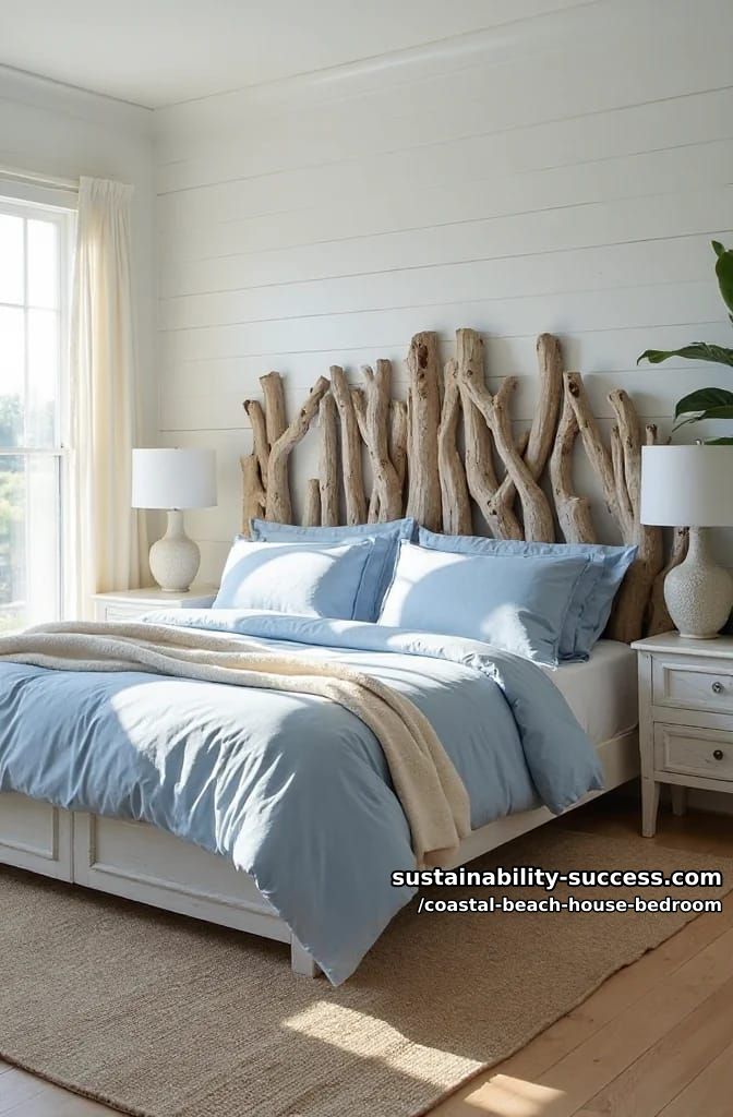 driftwood statement headboard paired with soft blue linen bedding 1