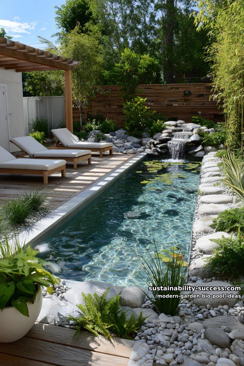 eco-chic pool with rainwater-fed waterfall and solar-heated water 1