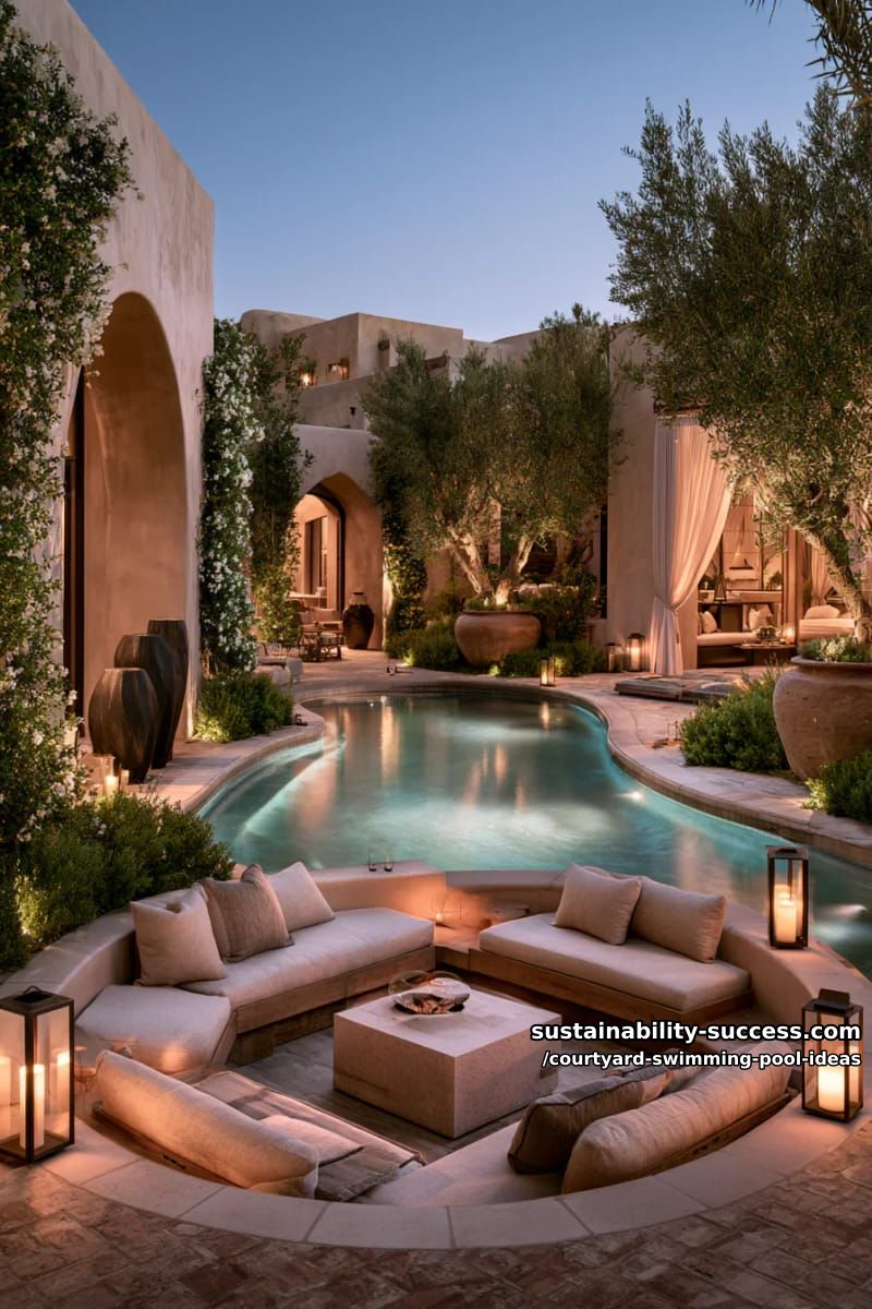 elegant courtyard with freeform swimming pool with poolside sunken lounge neatly arranged around a firepit 1