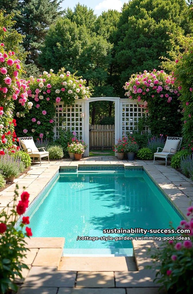 elegant white trellis fence around pool, blooming with roses and hollyhocks 1