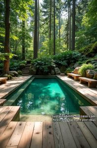 emerald green swimming pool with floating timber deck and rustic benches 8