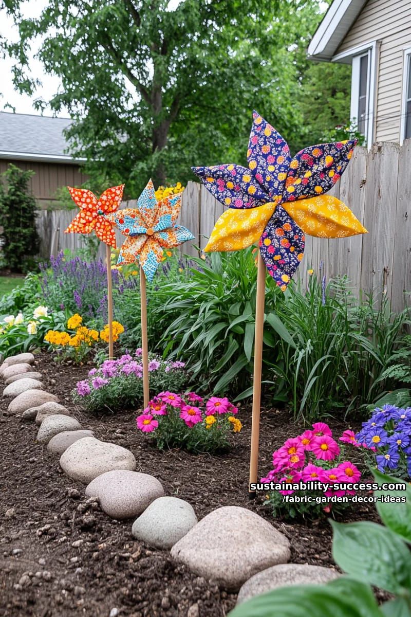 fabric flower pinwheels spinning in vibrant garden beds 1